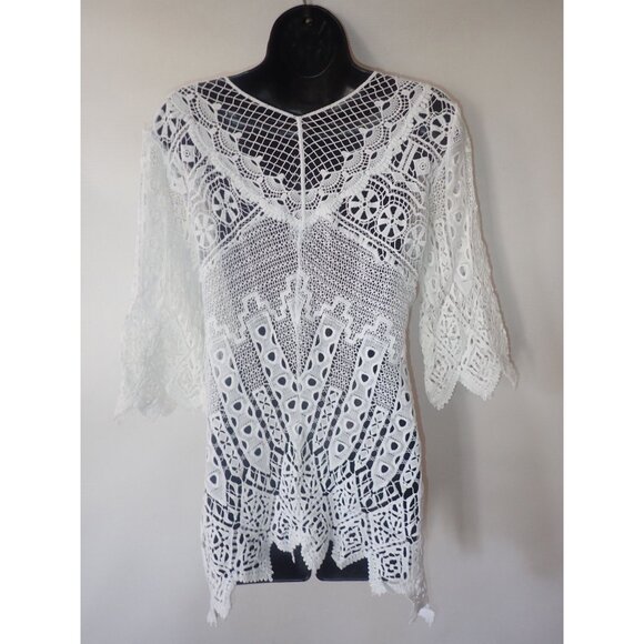Mind Set By XCVI Womens White Lace Crochet Tunic Cover Up Top S Beach Hi Low - Picture 5 of 8